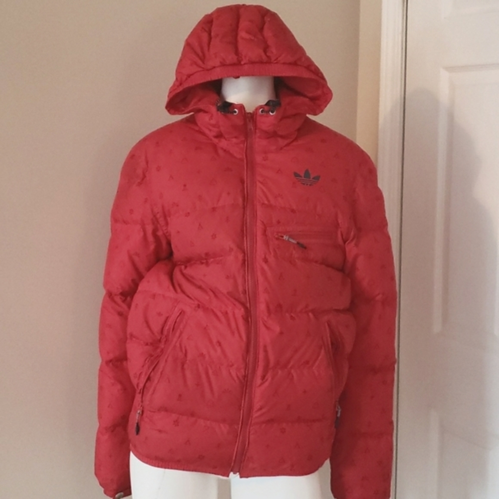 Adidas red down filled bomber jacket